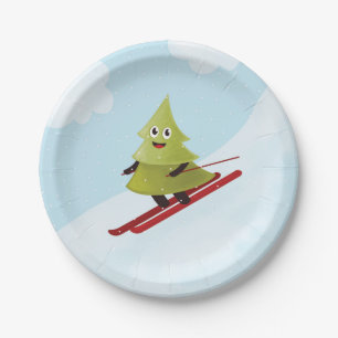 Skiing Pine Tree Cute Snow Sports Winter Paper Plate