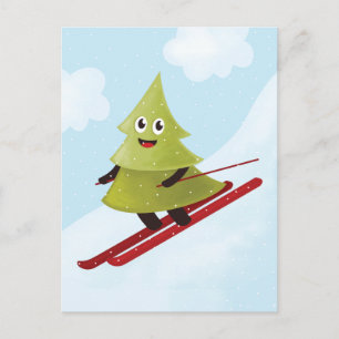 Skiing Pine Tree Cute Snow Sports Winter Postcard