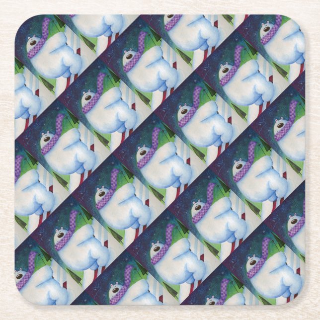 Skiing Polar Bear Square Paper Coaster (Front)