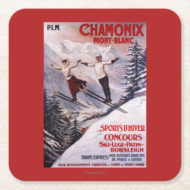 Skiing Promotional Poster Square Paper Coaster (Front)