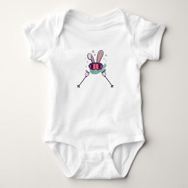 Skiing Rabbit with ski poles and ski goggles Baby Bodysuit (Front)