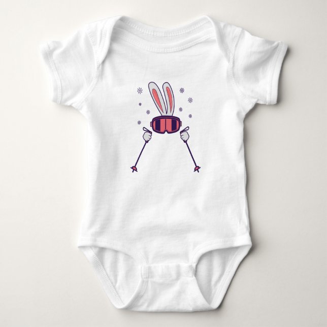 Skiing Rabbit with ski poles and ski goggles Baby Bodysuit (Front)