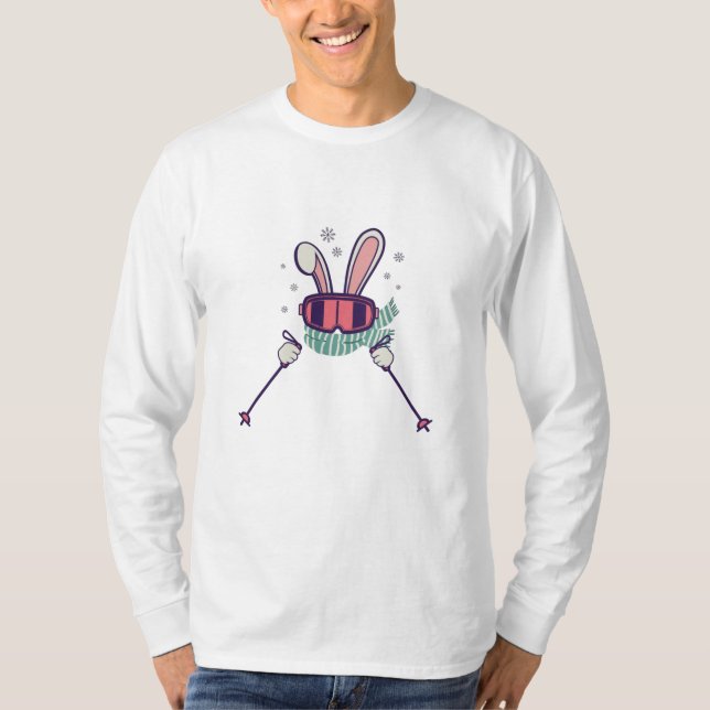 Skiing Rabbit with ski poles and ski goggles T-Shirt (Front)