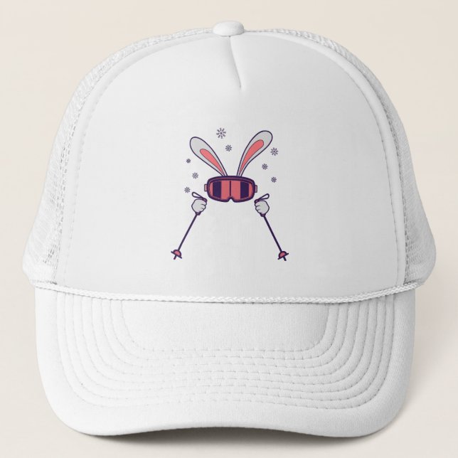 Skiing Rabbit with ski poles and ski goggles Trucker Hat (Front)