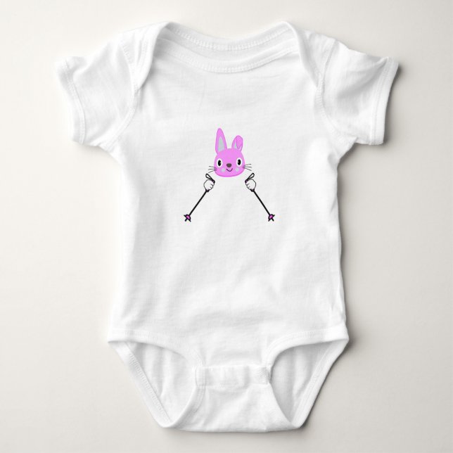 Skiing Rabbit with ski poles Baby Bodysuit (Front)