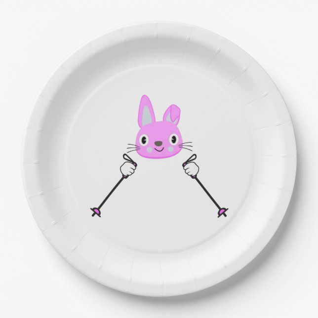 Skiing Rabbit with ski poles Paper Plate (Front)