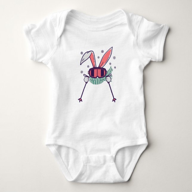 Skiing Rabbit with ski poles ski goggles and scarf Baby Bodysuit (Front)