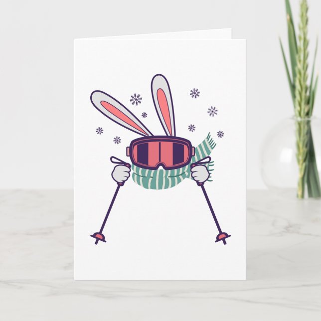 Skiing Rabbit with ski poles ski goggles and scarf Card (Front)