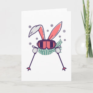 Skiing Rabbit with ski poles ski goggles and scarf Card