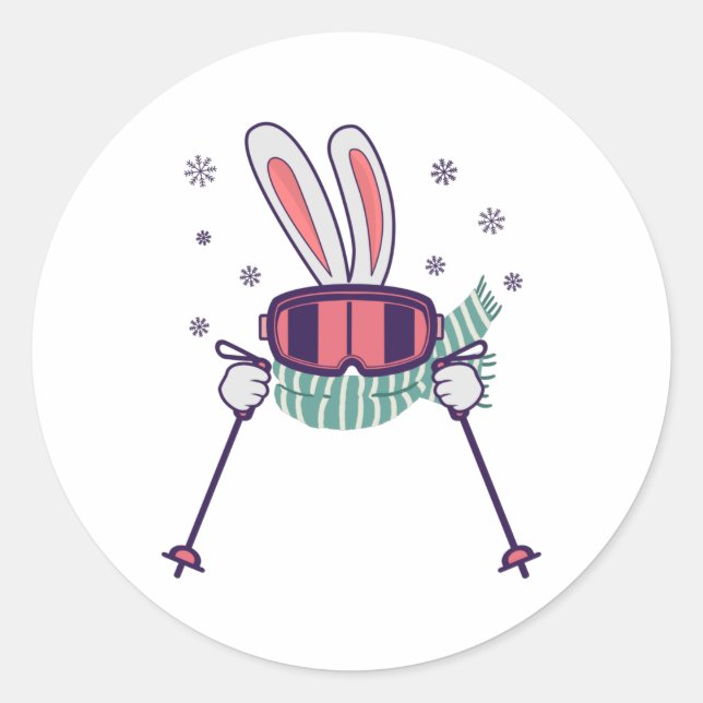 Skiing Rabbit with ski poles ski goggles and scarf Classic Round Sticker (Front)