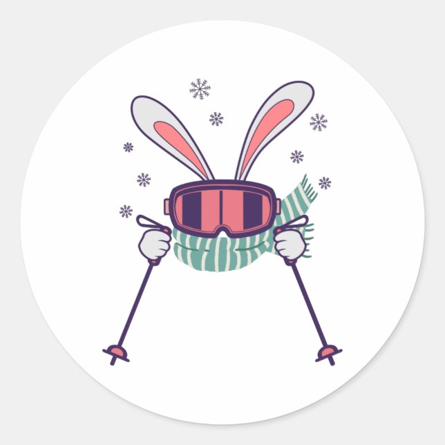 Skiing Rabbit with ski poles ski goggles and scarf Classic Round Sticker (Front)