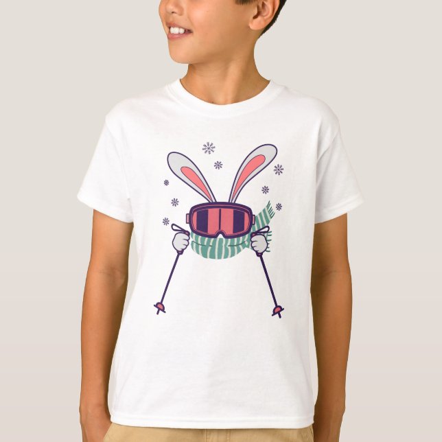 Skiing Rabbit with ski poles ski goggles and scarf T-Shirt (Front)