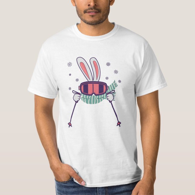 Skiing Rabbit with ski poles ski goggles and scarf T-Shirt (Front)