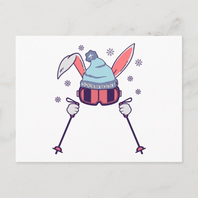 Skiing Rabbit with ski poles ski goggles ski cap Postcard (Front)