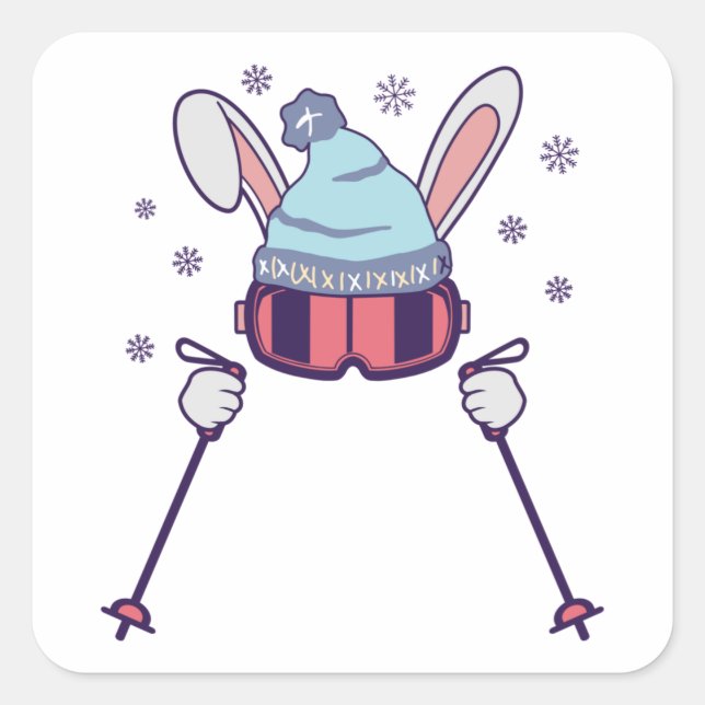 Skiing Rabbit with ski poles ski goggles ski cap Square Sticker (Front)