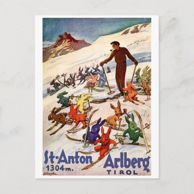 Skiing Rabbits on St. Anton, Tyrol, Austria Postcard (Front)