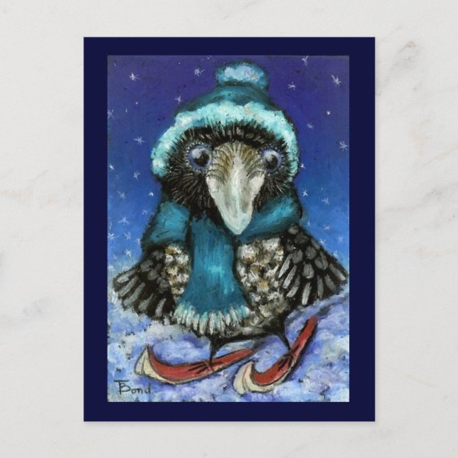 Skiing raven postcard (Front)