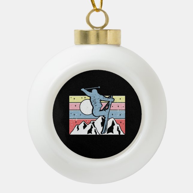 Skiing Retro Ceramic Ball Christmas Ornament (Front)