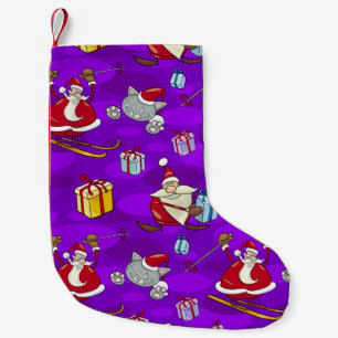 Skiing Santa And Kitty Pattern Small Christmas Stocking