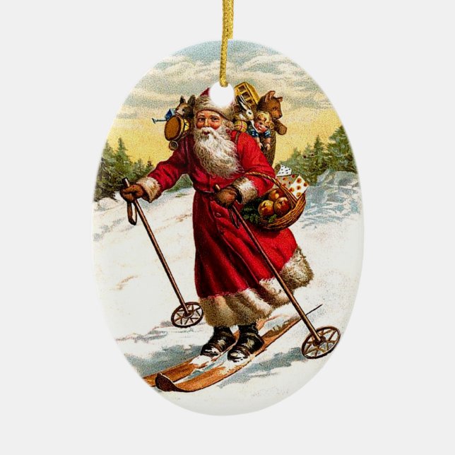 Skiing Santa Claus Ceramic Tree Decoration (Front)