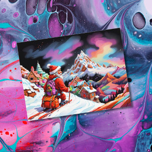 Skiing santa looking down on valley christmas holiday postcard