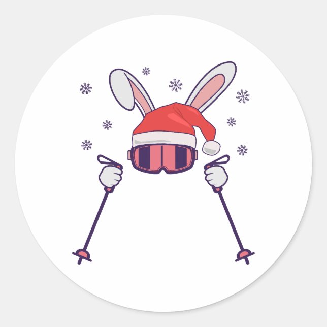 Skiing Santa Rabbit with Santa Hat and ski poles S Classic Round Sticker (Front)