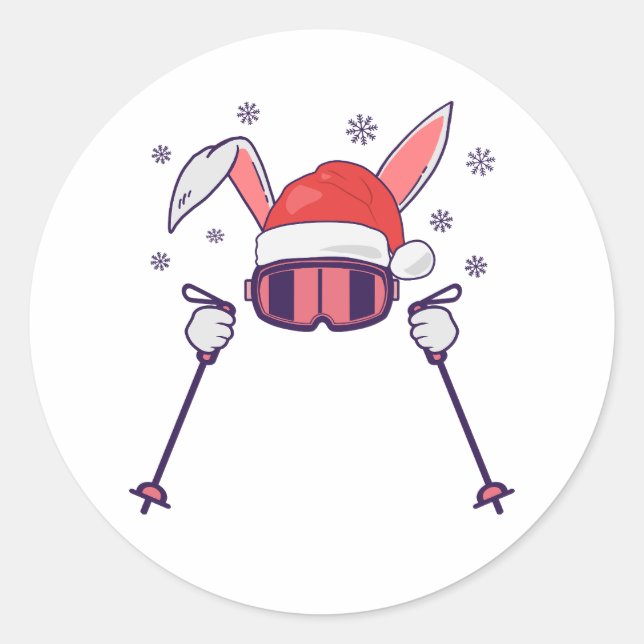 Skiing Santa Rabbit with Santa Hat and ski poles S Classic Round Sticker (Front)