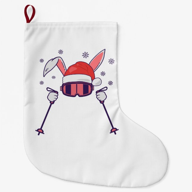 Skiing Santa Rabbit with Santa Hat and ski poles S Large Christmas Stocking (Front)
