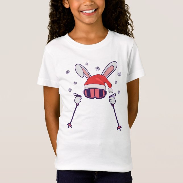 Skiing Santa Rabbit with Santa Hat and ski poles S T-Shirt (Front)