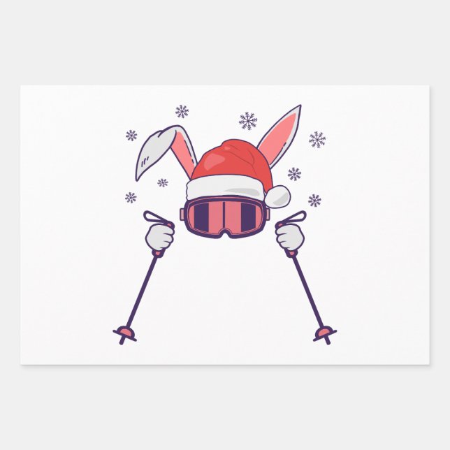 Skiing Santa Rabbit with Santa Hat and ski poles S Wrapping Paper Sheet (Front)