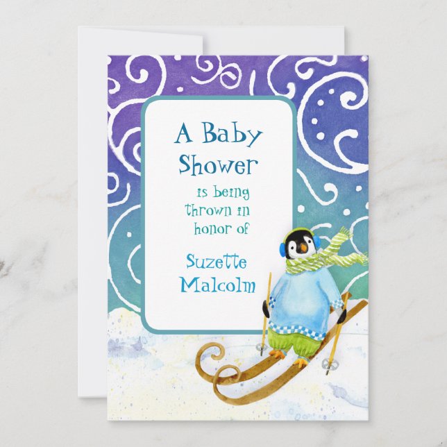 Skiing Ski Snowboarder Penguin Baby Shower Invite (Front)