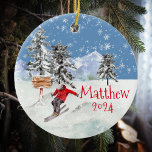 Skiing Skier Snow Personalised Watercolor    Ceramic Tree Decoration<br><div class="desc">This design may be personalised in the area provided by changing the photo and/or text. Or it can be customised by clicking Personalise this Template and then choosing the click to customise further option and delete or change the colour of the background, add text, change the text colour or style,...</div>