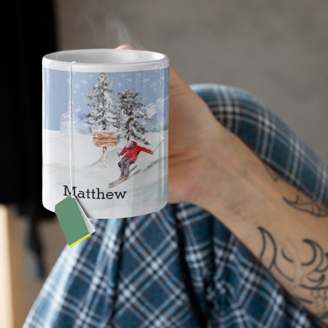 Skiing Skier Snow Personalised Watercolor Name Coffee Mug (Creator Uploaded)