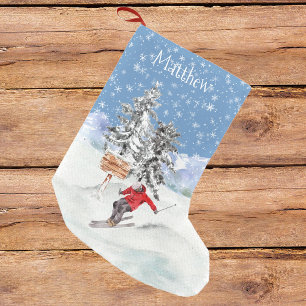 Skiing Skier Snow Personalised Watercolor  Small Christmas Stocking