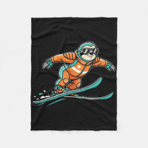 Skiing Sloth In Orange Suit Snow Goggles Ride  Fleece Blanket