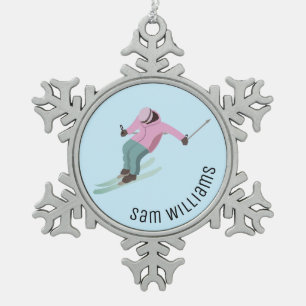 Skiing Snowflake Pewter Christmas Ornament