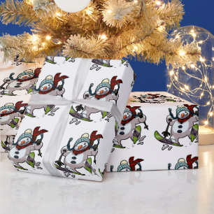 Skiing Snowman Christmas Hat Cartoon Large Repeat Wrapping Paper