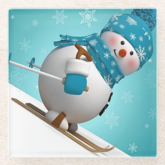 Skiing Snowman Glass Coaster (Front)