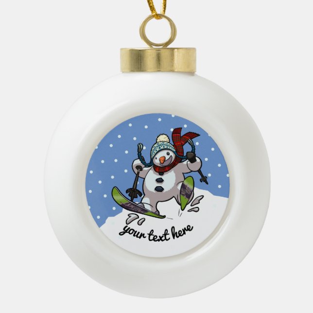 Skiing Snowman In Woolly Christmas Hat Cartoon Ceramic Ball Christmas Ornament (Front)