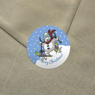 Skiing Snowman In Woolly Christmas Hat Cartoon Classic Round Sticker