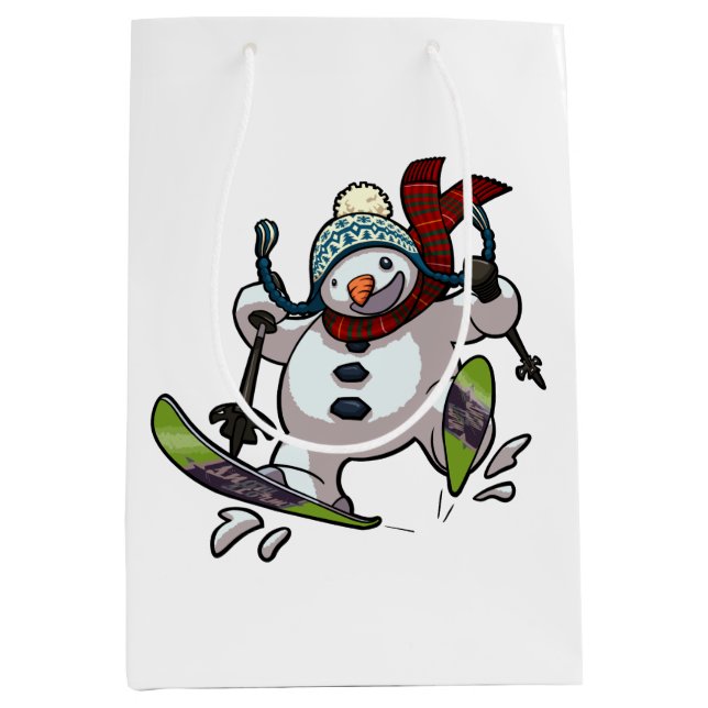 Skiing Snowman In Woolly Christmas Hat Cartoon Medium Gift Bag (Front)
