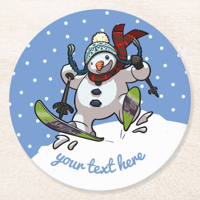 Skiing Snowman In Woolly Christmas Hat Cartoon Round Paper Coaster (Front)