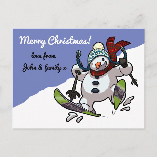 Skiing Snowman Merry Christmas! Message Cartoon Holiday Postcard (Front)