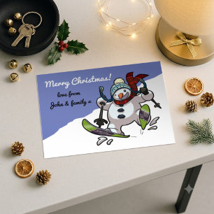 Skiing Snowman Merry Christmas! Message Cartoon Holiday Postcard