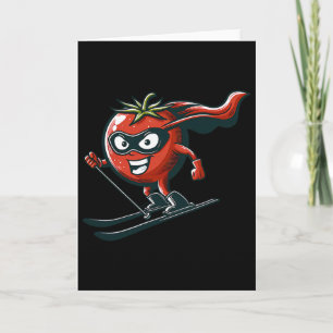 Skiing Tomato Superhero Mascot Winter Sports Humor Card
