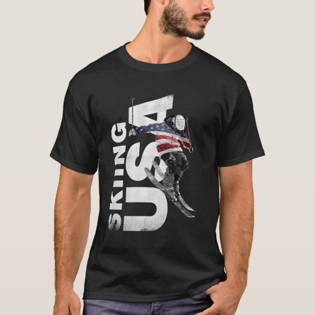 Skiing Usa Support The Team Tshirt Usa Flag Ski (Front)