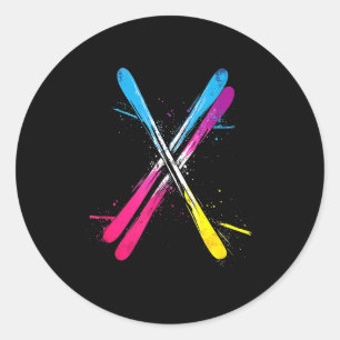 Skiing vibrant design crossed skis classic round sticker