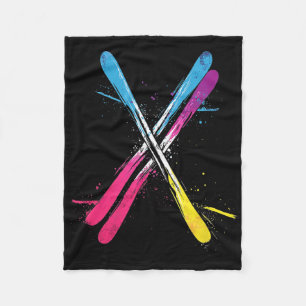 Skiing, Vibrant Design, Crossed Skis  Fleece Blanket
