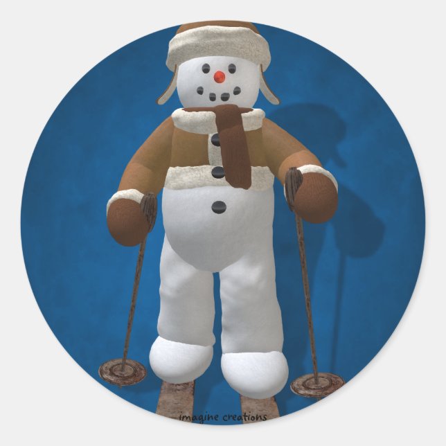 Skiing Vintage Snowman Classic Round Sticker (Front)