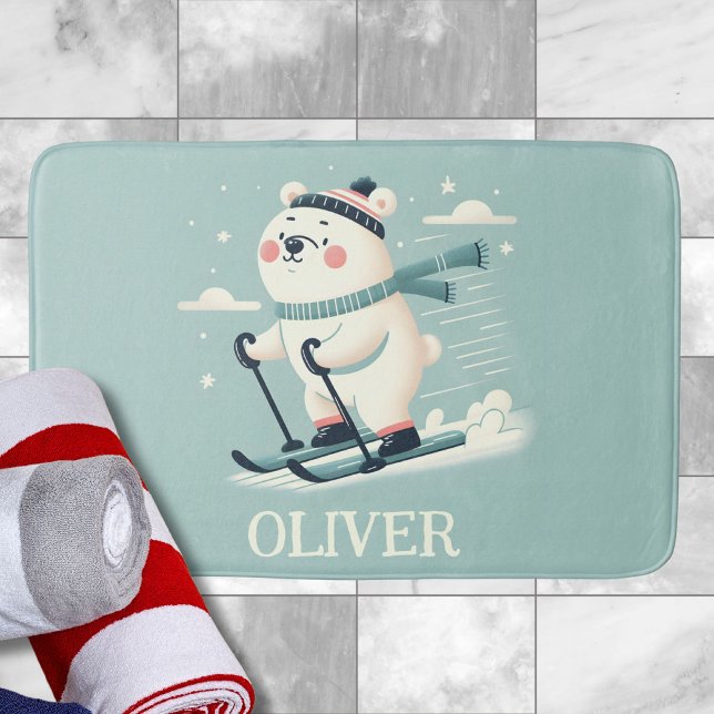 Skiing Whimsical Cute Polar Bear Personalised Bath Mat (Creator Uploaded)
